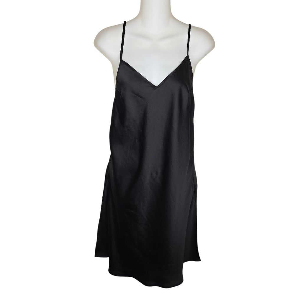 Sam Edelman Black Satin Strappy Back Slip Chemise Dress Lingerie Medium